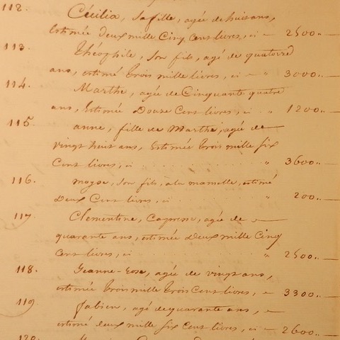 Inventaire des biens de la succession du Sieur Denis Morin Moriniere, et de sa communauté avec dame Paule-Anne-Luce Bonneville Bonneterre, sa veuve, 17, 18 et 19 juin 1807: Archives départementales de la Martinique, Étude Dangeros, 3E1/10.